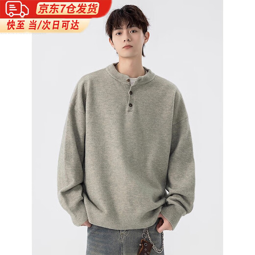 Cotton Snow Gray American Henley Collar Sweater for Men Autumn and Winter 2025 New Thick Warm Sweater Jacket with Sweater Inside Light Gray XL 170CM-182CM
