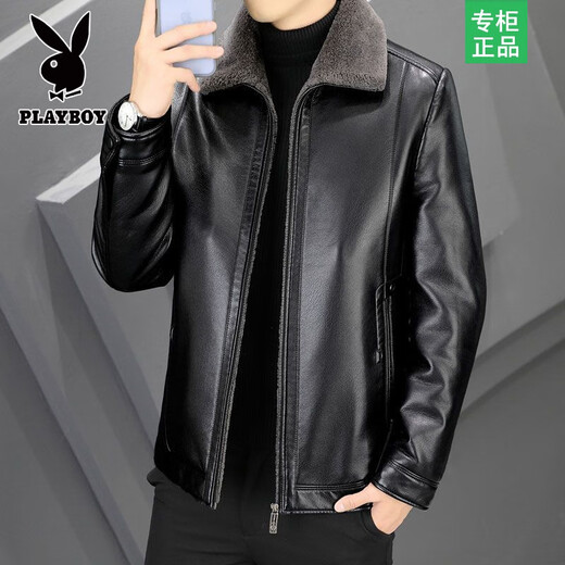 Playboy leather jacket men's autumn and winter leather jacket short middle-aged and elderly winter cotton coat plus velvet thickened dad winter clothes black thickened XL 180/96A 125-140Jin Jin equals 0.5 kg