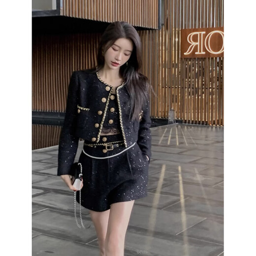 HONGSILINYI small fragrance suit women's autumn and winter hair accessories ladylike temperament short coat camisole wide leg shorts three-piece set black three-piece set S