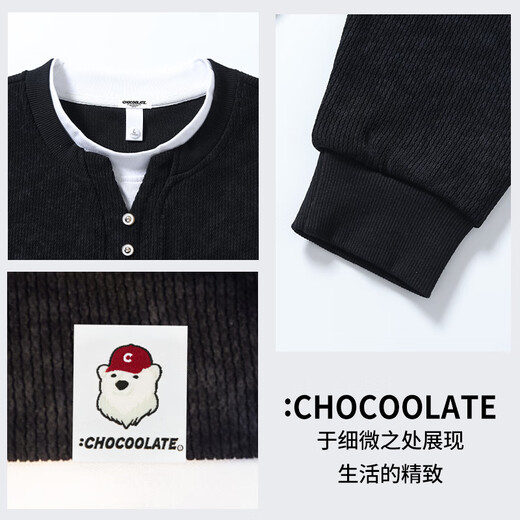 CHOCOOLATE it fake two-piece Henry collar sweatshirt men's 2025 autumn and winter new casual sweater top black M recommended 90Jin Jin equals 0.5kg -110Jin Jin equals 0.5kg
