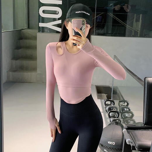 KEJIMITAO European and American ins yoga clothes with chest pads long-sleeved women's tops Pilates fitness slimming running sports T-shirt pink S