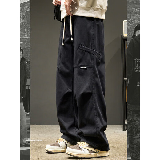 Bo Mingchen casual pants men's American fashion brand overalls men's loose straight wide-leg high street sports long pants men's black 2XL recommended 140-160Jin Jin equals 0.5 kg