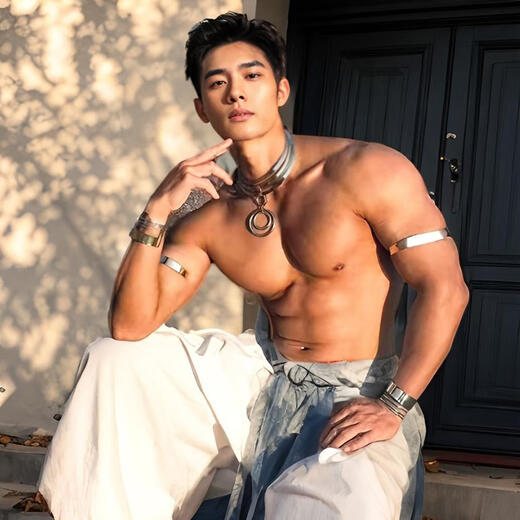 Men's antique Hanfu jewelry, ancient Dunhuang uniform style, muscular male Buddha necklace, silver bracelet armband, trendy silver thong 2.2-2.6 feet