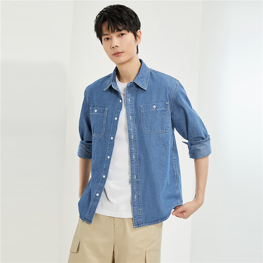 Giordano denim shirt men's washed double pocket trendy fashion long-sleeved denim shirt men 18043609