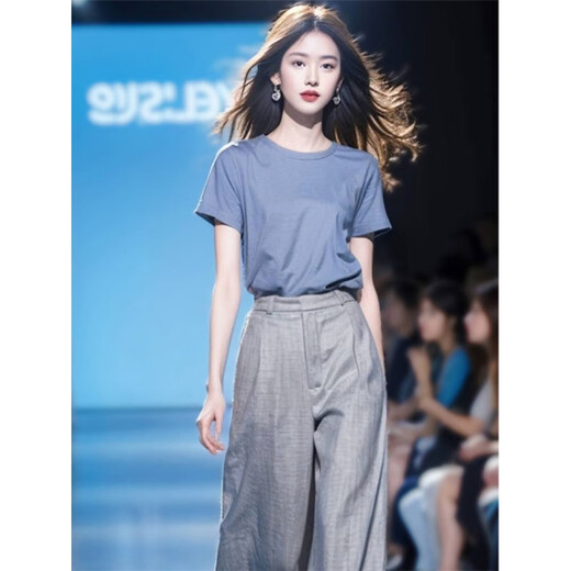 Oudihui (Oudihui) 2025 this year's popular casual pants women's summer match with a whole set of clothes, light-maturity wide-leg pants two-piece suit, blue suit, L
