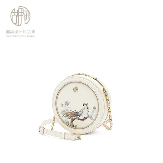 
Guyisi new Chinese women's bag small round bag printed round cake bag cowhide one-shoulder crossbody bag to give girlfriend birthday gifts to lovers Tea moon white + gift bag + writing greeting card