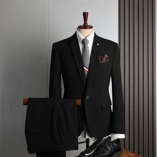 FZPT light luxury trendy brand suit men's 2025 autumn and winter new business casual fashion slim striped suit dress black single-piece suit 2XL recommended 135-145Jin Jin equals 0.5 kg