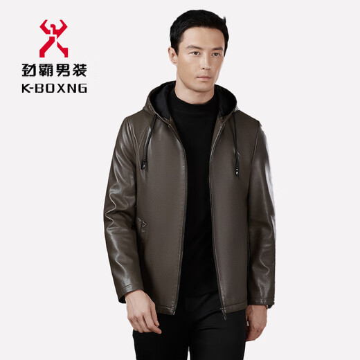 KBXNG Jinba Leather Jacket 2025 Autumn and Winter Men's Casual Middle-aged Hooded and Velvet Warm Leather Jacket Champagne 2261-K M 170