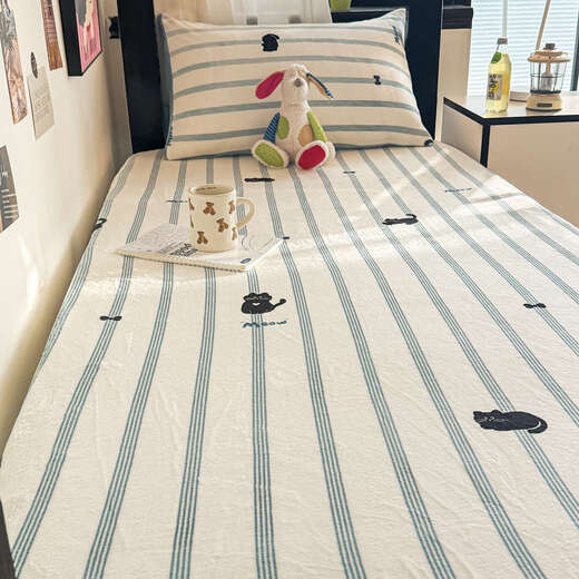 Tang Yi Bow Knot Dormitory Milk Velvet Sheet 90x190 Winter Student Single Plus Velvet Mattress Cover Coral Velvet Mattress Cover Blue Stripe Cat Densely Downy Thickened Milk Velvet Sheet Single Piece-110x150cm Throw Blanket/Crib