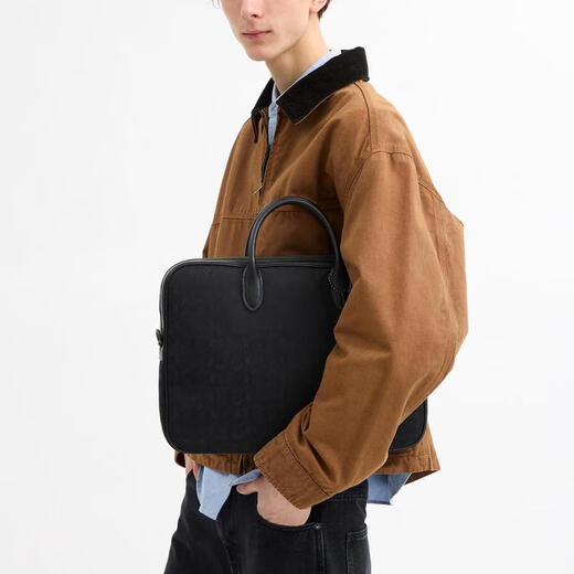 COACH Men's Business Briefcase Multi-compartment Design Built-in Laptop Bag Removable Shoulder Strap Black MEDIUM