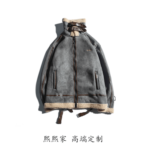 Playboy (PLAYBOY) fur integrated lamb wool men's winter wear trendy brand suede jacket thickened chic retro couple motorcycle cotton jacket gray 3XL recommended 160-180Jin Jin equals 0.5 kg