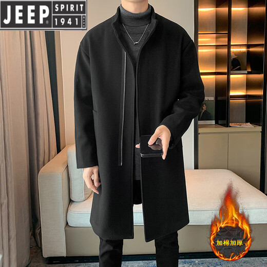 JEEP SPIRIT Spring and Autumn Zipper Design Stand Collar Woolen Windbreaker Men's Mid-Length Thick Casual Woolen Coat Jacket Trendy Coffee and Cotton 2XL