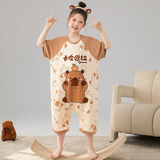 Girls one-piece pajamas summer thin pure cotton short-sleeved snap sleeping bag children baby little girl air-conditioned home clothes M02 one-piece cotton one-piece suit recommended by the store manager 90 size 8 height 90-103cm