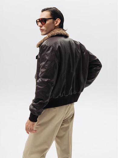 Fur Collar Aviator Leather Jacket Dark Brown One Size Small