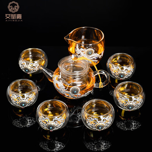 Ai Yingjia Light Luxury Glazed Tea Set High-end Gold-Inlaid Jade Porcelain Kung Fu Tea Ceremony Complete Set Glass Tea Bowl Tea Cup Set 8-head Xianglong Ancient Rhyme Pot Set-Silver