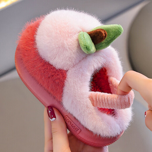 Tiaodegao children's cotton slippers for girls, indoor and outdoor home warm floor shoes, cute cartoon apple plush cotton shoes, red, size 26-27, inner length about 17cm