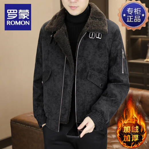 Romon fur collar fur all-in-one leather jacket for men 2025 velvet thickened lapel motorcycle leather jacket winter trendy brand warm jacket black L