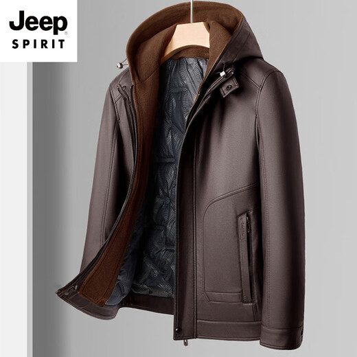 JEEP SPIRIT winter plus velvet thickened white duck down lining leather jacket men's hooded motorcycle jacket casual pu leather warm leather jacket black M 170