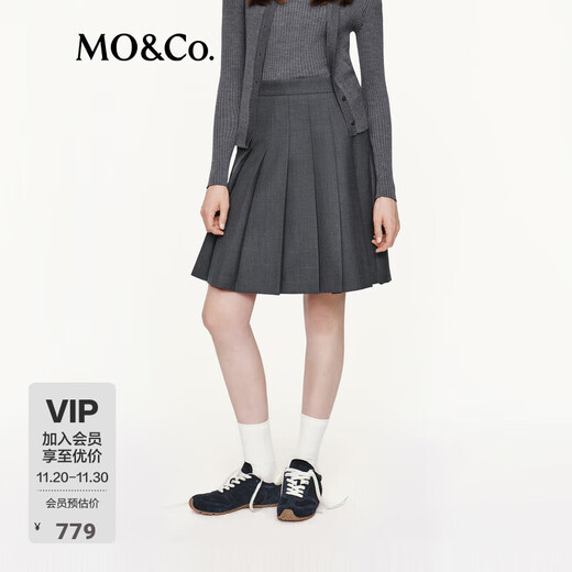MO&Co. C+ Series Skirt 2025 Autumn New Sheep Wool Worsted I-pleat High Waist MBE3SKT030 Dark Pattern Gray S