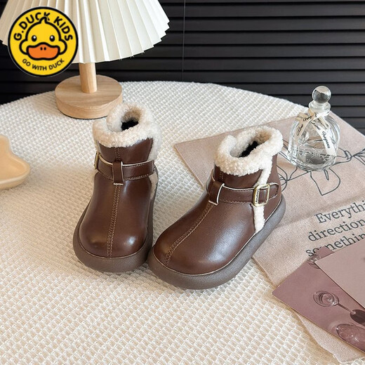 G.duck Little Yellow Duck Girls' Boots Children's 2025 Winter Plush Leather Boots Warm Baby Princess Short Boots Black New Brown Brown Warm Cotton 34 Inner Length 20.8cm