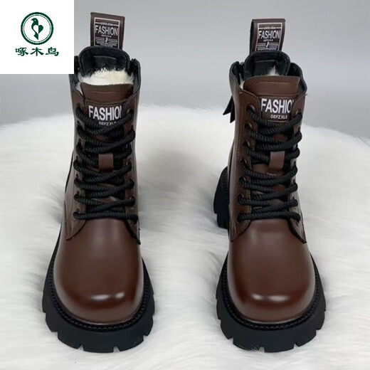 Woodpecker thick-soled Martin boots genuine leather wool boots women's fur integrated new thickened 2025 winter short boots snow boots black thickened cotton imported wool 37