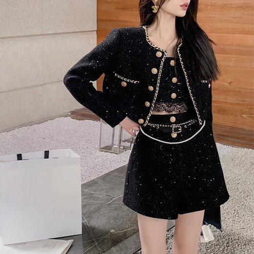 HONGSILINYI small fragrance suit women's autumn and winter hair accessories ladylike temperament short coat camisole wide leg shorts three-piece set black three-piece set S