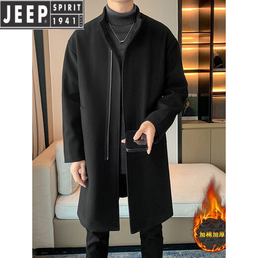 JEEP SPIRIT Spring and Autumn Zipper Design Stand Collar Woolen Windbreaker Men's Mid-Length Thick Casual Woolen Coat Jacket Trendy Coffee and Cotton 2XL