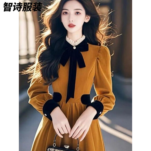 Meianjia thickened velvet and super beautiful yellow velvet dress women's spring, autumn and winter dress French slim bottoming long skirt Velvet dress thickened/style 2XL