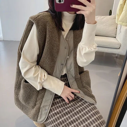 Hengyuanxiang autumn and winter reversible lamb velvet vest for women, versatile outer wear, warm and slim waistcoat, Korean style fashion jacket and vest for women, khaki M recommended 85-100Jin Jin equals 0.5 kg