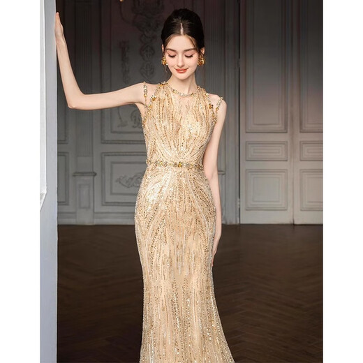 OEMG High-End 2025 New Gold Host Evening Dress Female Heavy Industry Student Day Etiquette Exam Annual Party Engagement Return Gold XS