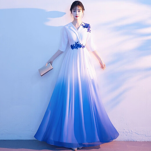 Li Baixin's new large choir performance clothing, women's long skirt, adult host conductor dress, atmospheric red song recitation competition clothing, blue 3XL, recommended 130-135Jin Jin is equal to 0.5 kg