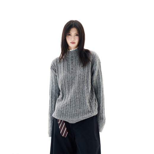 Fake two-piece twist Henry collar sweater for men and women in winter lazy style high-end American retro youth sweater khaki 2XL