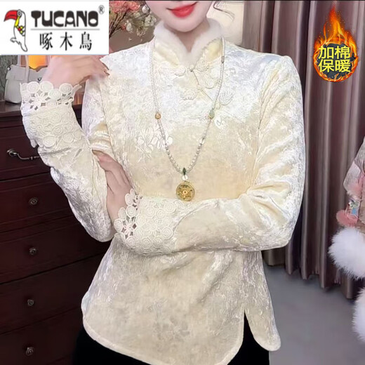 Woodpecker (TUCANO) Chinese style new Chinese style retro velvet jacquard bottoming shirt for women spring and autumn warm slimming temperament button top Champagne color (cotton warmth) XL recommended 85-110Jin Jin equals 0.5 kg