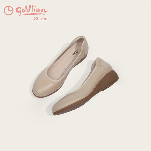 金利来（goldlion）女鞋坡跟皮鞋时尚圆头牛皮浅口一脚蹬单鞋女 G662320016杏色38