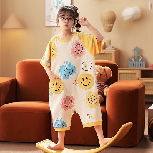 Girls one-piece pajamas summer thin pure cotton short-sleeved snap sleeping bag children baby little girl air-conditioned home clothes M02 one-piece cotton one-piece suit recommended by the store manager 90 size 8 height 90-103cm