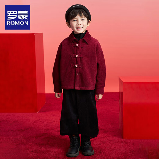 Luo Meng Boys' Red Jacket Thickened Children's Velvet Shirt Autumn and Winter New Year's Eve Costumes Tang Suit Performance Costumes Red 140