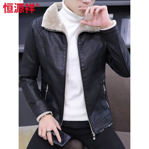 Hengyuanxiang velvet thickened men's slim motorcycle leather jacket winter youth handsome fashion short casual leather jacket jacket for men black gray fur M