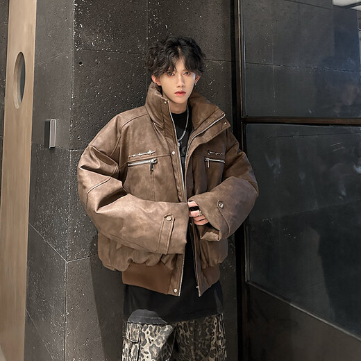 NYING Maillard PU leather cotton jacket men's winter new trendy brand thickened warm stand-up collar cotton jacket handsome loose cotton jacket brown XL