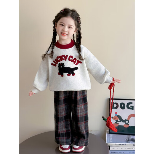 NACJOM Girls' Velvet Sweater Set Autumn and Winter 2025 New Style Baby Girl Winter Clothes Giant Good-looking Plaid Two-piece Set Red Plaid 110 cm