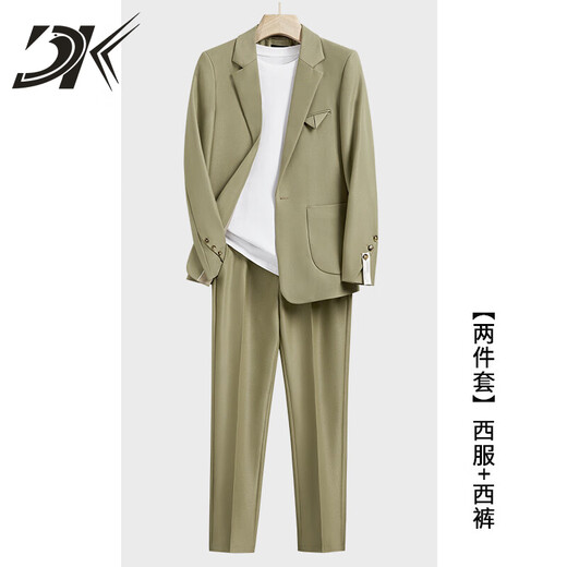 DK brand suit men's loose casual pocket triangle design small suit jacket men's light mature suit complete set gray green suit + trousers S size