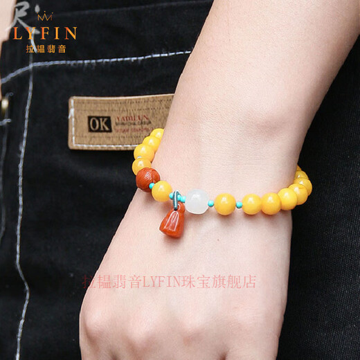 Layun Feiyin beeswax bracelet for women original ethnic style southern red agate lotus pendant and Hetian jade with beads Valentine's Day gift 8mm (with certificate)