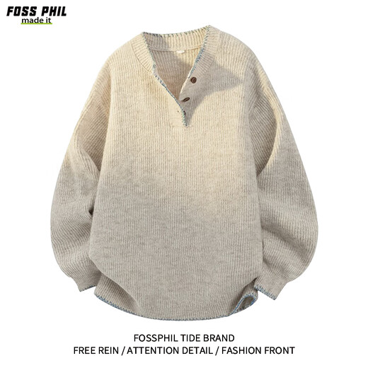 Foss Phil sweater men's autumn and winter American pullover sweater Henry collar lazy bottoming shirt men MZ0057 apricot L
