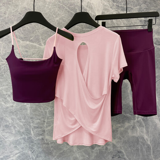 Yoga wear for women 2025 new shorts suit summer Pilates thin gym sports quick-drying professional running wear magenta purple bra (fixed cup) + magenta purple 5-point pants S