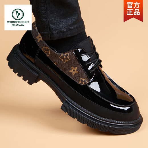Woodpecker Men's Leather Shoes Genuine Leather Casual Glossy Round Toe British Style Leather Shoes Men's Business Formal Inner Height Thick Sole Trendy Shoes Black Regular Style 39