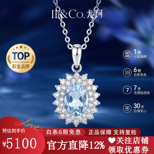 IL&CO Youke Pt950 Platinum Natural Aquamarine Necklace Women's Diamond Pendant Birthday and Valentine's Day Gift for Girlfriend Platinum 1 Carat Aquamarine Pendant with Silver Chain