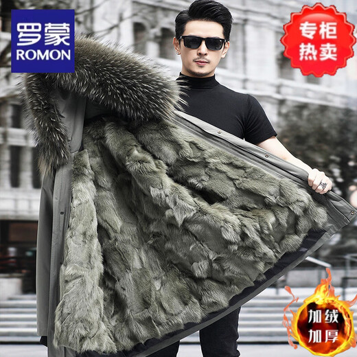 Lomon Paik men's 2025 new winter fox fur lining fur one-piece mid-length mink fur coat green shell + khaki fox fur lining <genuine fur one> M 90Jin Jin equals 0.5kg -110Jin Jin equals 0.5kg