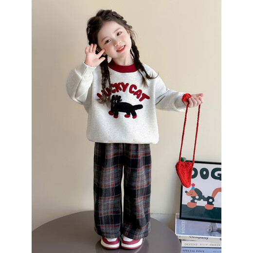 NACJOM Girls' Velvet Sweater Set Autumn and Winter 2025 New Style Baby Girl Winter Clothes Giant Good-looking Plaid Two-piece Set Red Plaid 110 cm