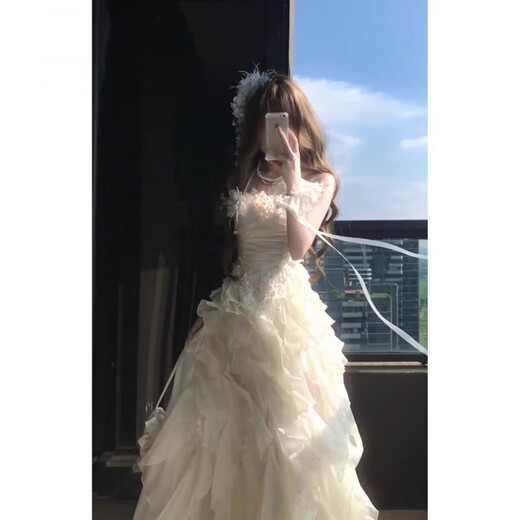 Mei Anjia White Lace Suspender Ruffled Pure Sexy A-Line Skirt Autumn Dress Embroidered Slim Waist Birthday Dress Dress S