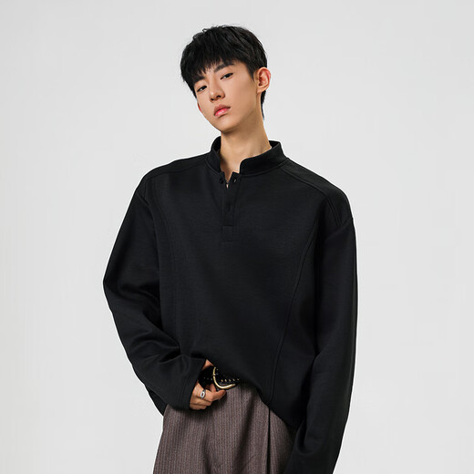 Homlean American Polo Henry shirt men's long-sleeved T-shirt autumn top with casual men's base sweatshirt JC-T24555 black M (recommended 85-100Jin Jin equals 0.5 kg)