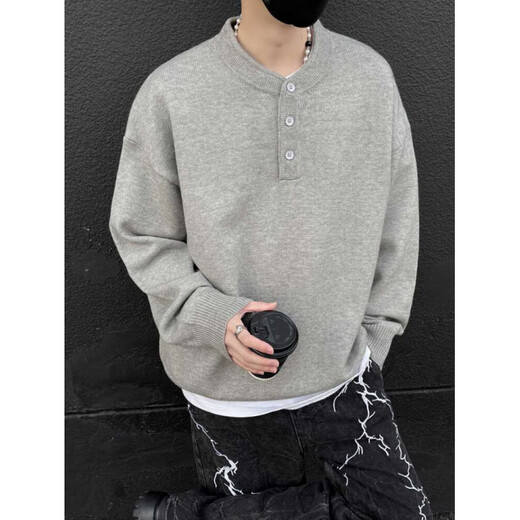 Little Red Book Gray American Sweater Men's Winter High Bottom Lazy Style Sweater Clean Light Gray Henley Collar M
